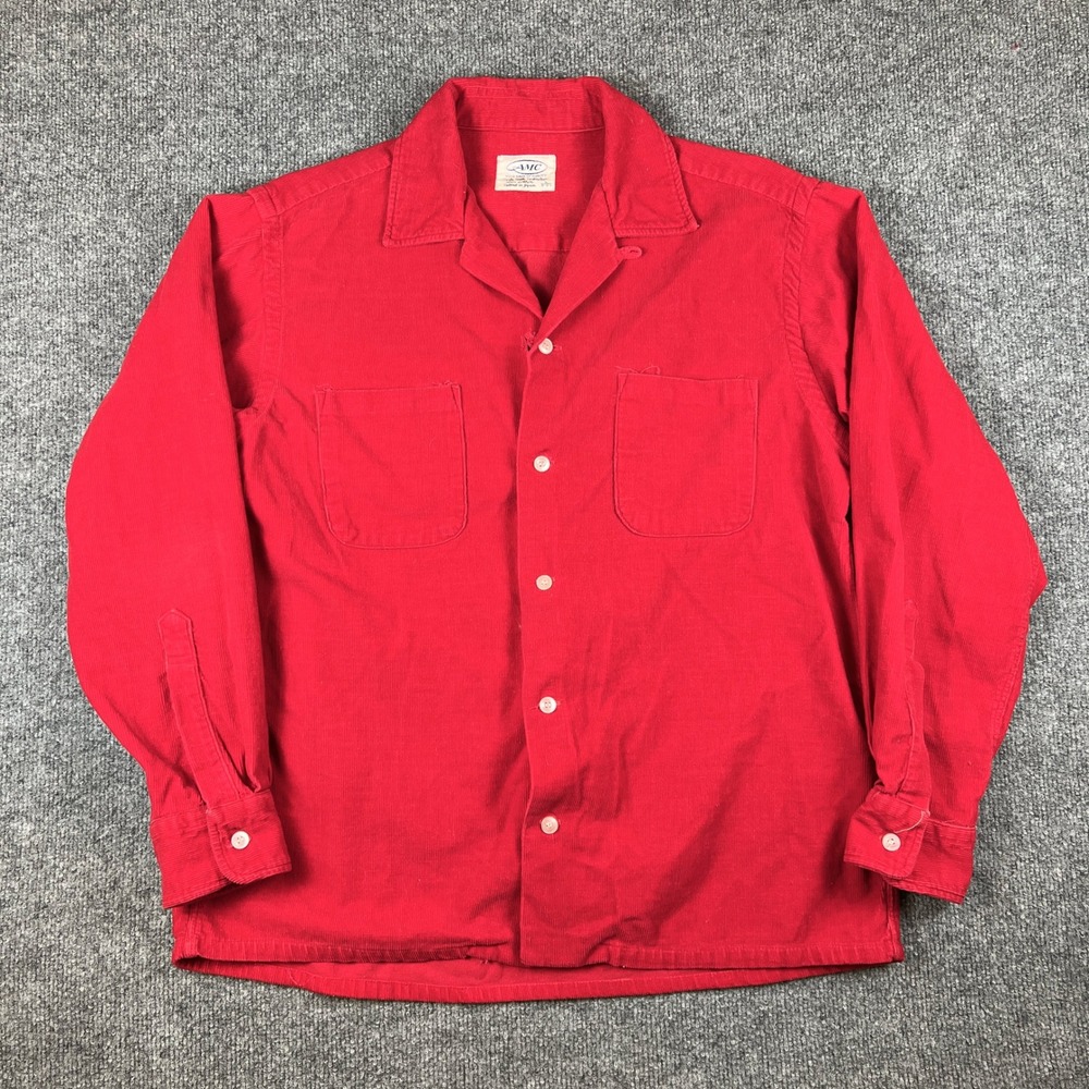 Vintage AMC Shirt Mens L Red Corduroy Camp Loop Collar Made in Japan 60s 70s